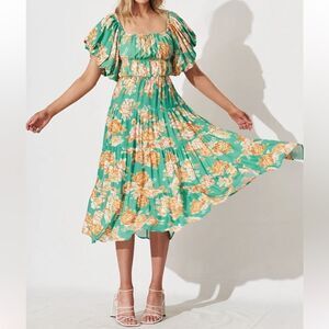 New Boho Midi Dress In Green With Orange Floral tiered  Dress